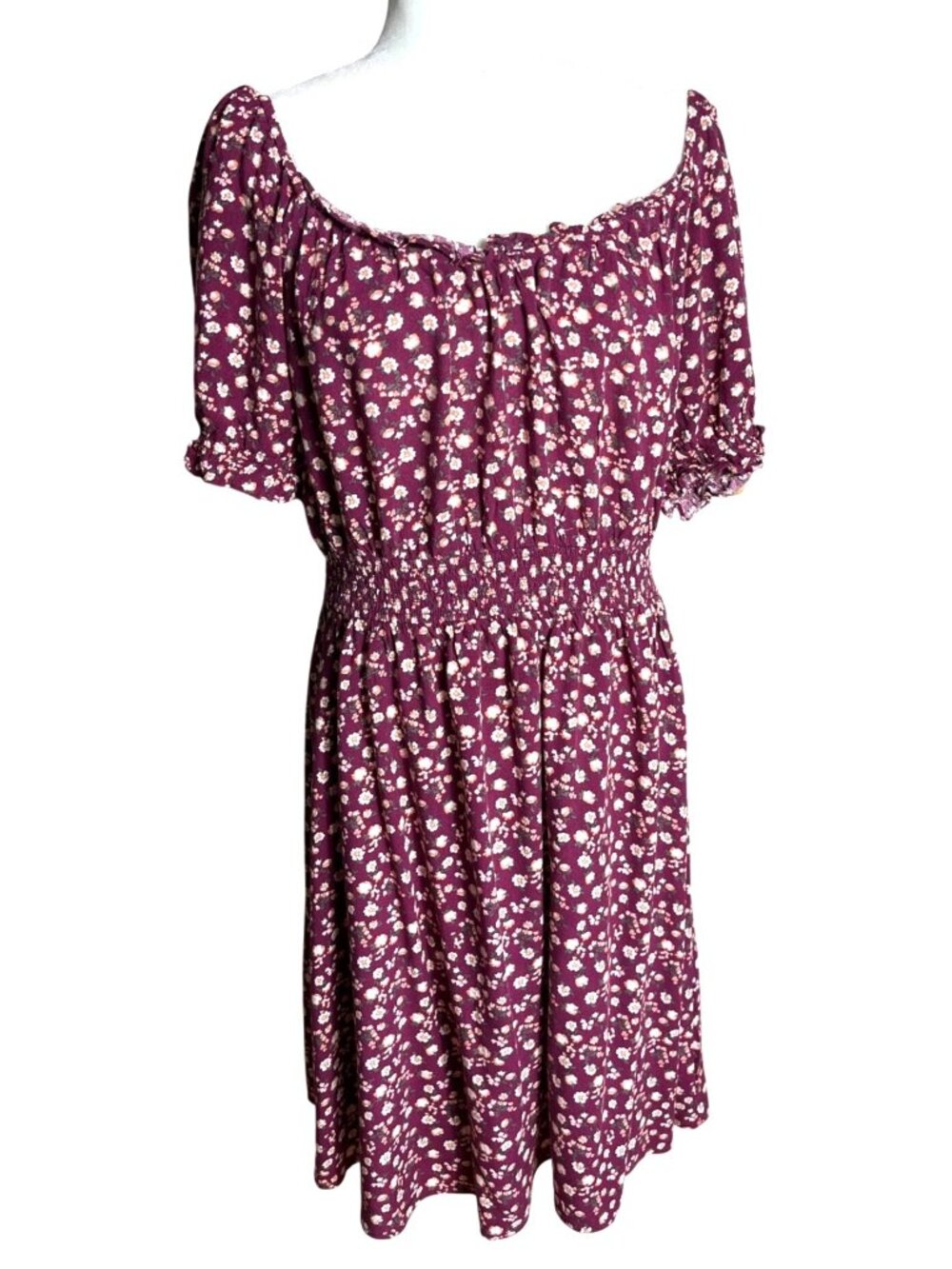 Burgundy Ditsy Floral Dress Boho Peasant Midi Milkmaid Casual Smocked Wom 1X